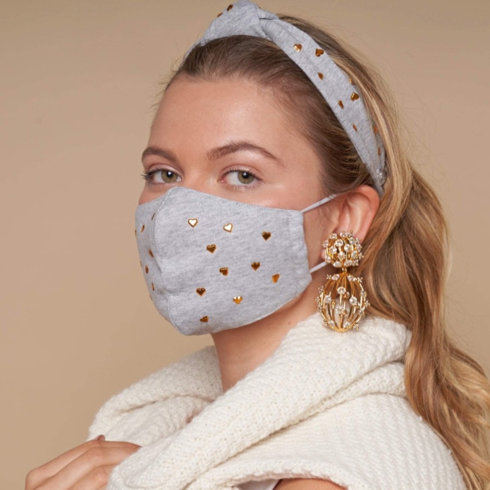 LELE SADOUGHI NWT AUTHENTIC GREY WITH GOLD HEART CHARMS FACE MASK & HEAD MASK